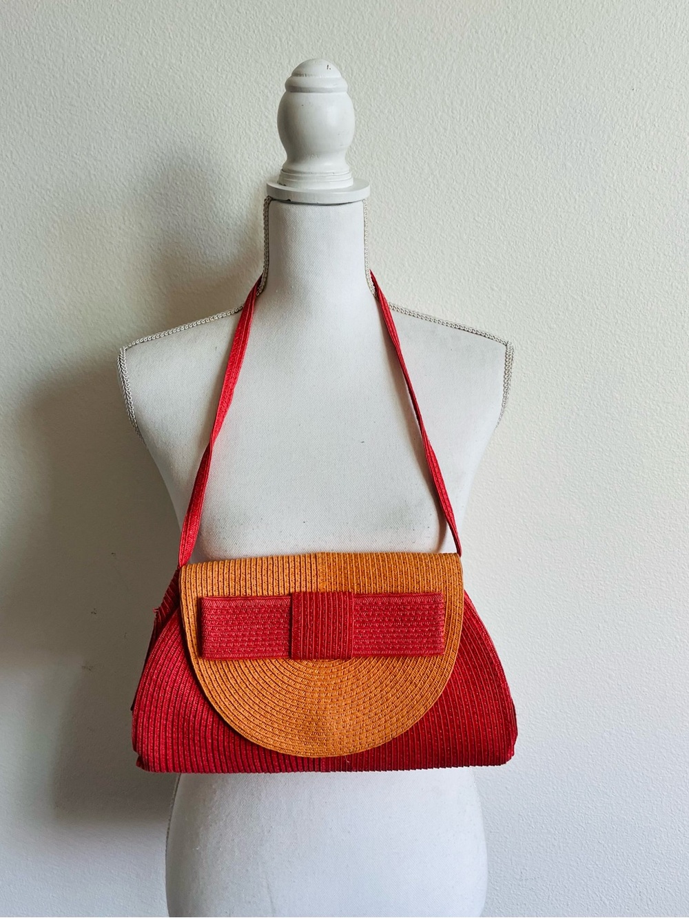 Red and Orange Woven Shoulder Bag with Bow Accent